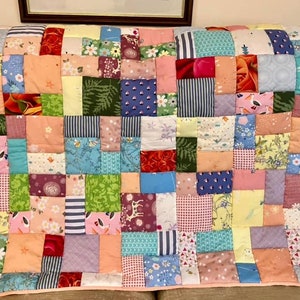 Handmade patchwork quilt, quilted lap blanket, quilt, random patchwork in a pretty quilted lap quilt, handmade quilt on soft pink fleece image 3