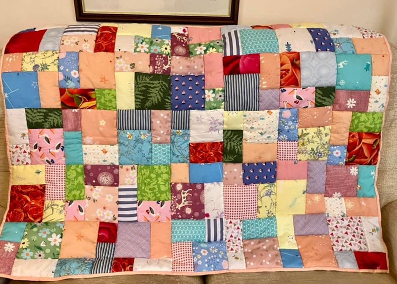 Handmade patchwork quilt, quilted lap blanket, quilt, random patchwork in a pretty quilted lap quilt, handmade quilt on soft pink fleece image 3