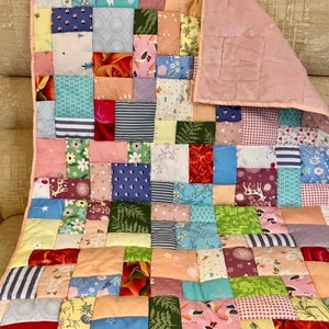 Handmade patchwork quilt, quilted lap blanket, quilt, random patchwork in a pretty quilted lap quilt, handmade quilt on soft pink fleece image 6