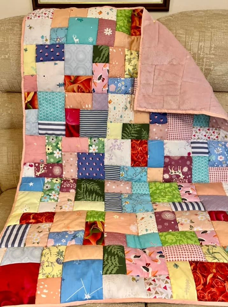 Handmade patchwork quilt, quilted lap blanket, quilt, random patchwork in a pretty quilted lap quilt, handmade quilt on soft pink fleece image 6