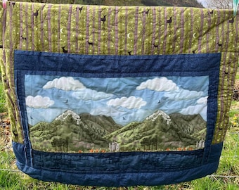 handmade picture quilt with mountains, highland cows, deer and loch, quilted lap blanket, practical gift, sofa chair throw, Scotland scene