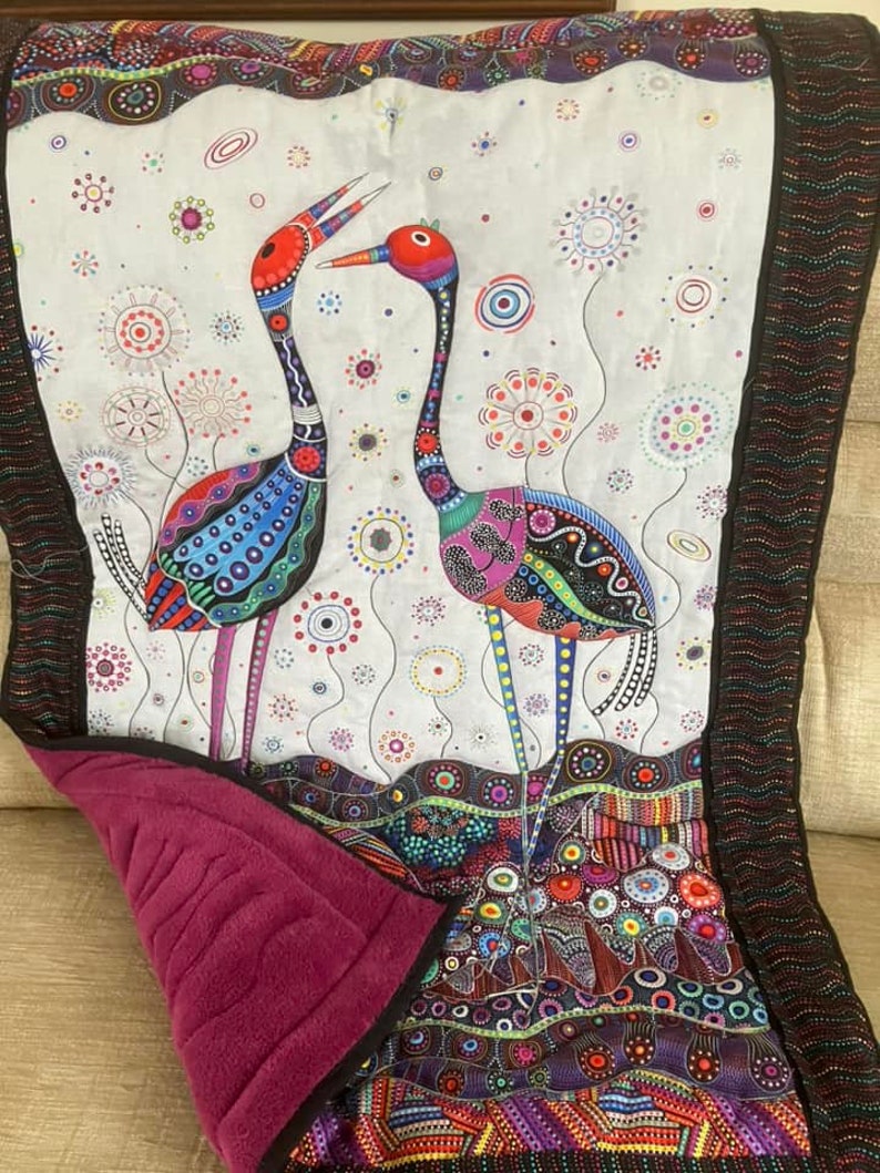 Handmade quilted throw, gorgeous birds in a handmade quilt, colourful pretty quilted lap blanket, pretty chair throw, practical gift for her image 2