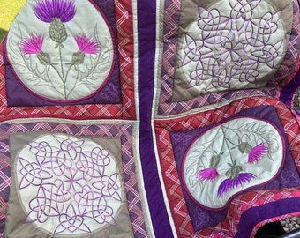 handmade quilt with thistles and Celtic pattern quilt, quilted chair throw, practical gift, quilted lap blanket, lap quilt, handmade gift,