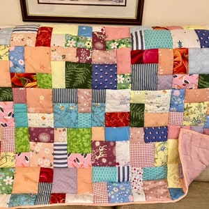 Handmade patchwork quilt, quilted lap blanket, quilt, random patchwork in a pretty quilted lap quilt, handmade quilt on soft pink fleece image 5