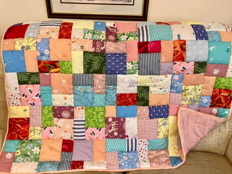 Handmade patchwork quilt, quilted lap blanket, quilt, random patchwork in a pretty quilted lap quilt, handmade quilt on soft pink fleece image 5