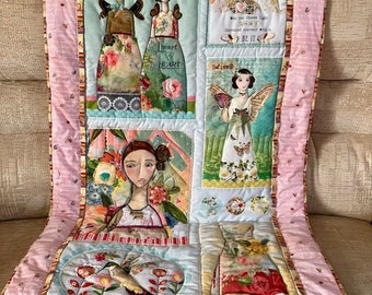 Handmade quilted throw, positive messages in a handmade quilt, colourful quilted lap blanket, pretty chair throw, practical gift for her