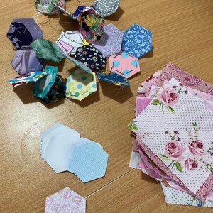 handmade patchwork hexagon quilt, top totally hand made. Random machine quilted. Hand sewn bindings image 8