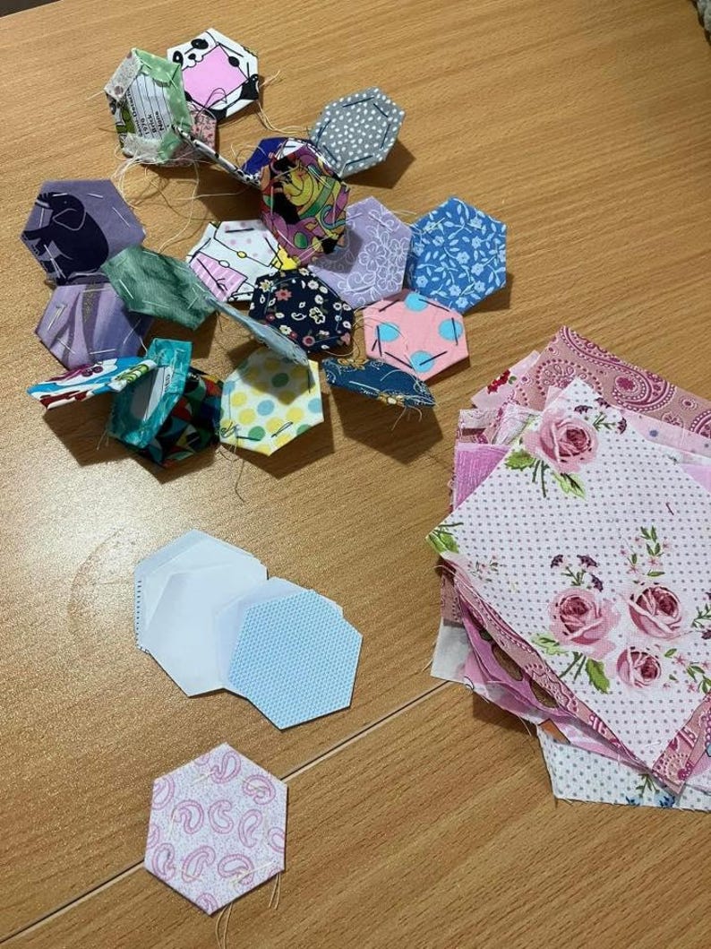 handmade patchwork hexagon quilt, top totally hand made. Random machine quilted. Hand sewn bindings image 8