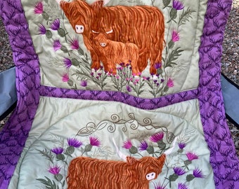 handmade quilt with highland cows, quilted lap blanket, practical gift, highland coos chair throw, handmade gift, care home gift, lap quilt