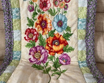 Handmade quilted throw, gorgeous flowers in a handmade quilt, colourful quilted lap blanket, pretty chair throw, practical gift for her