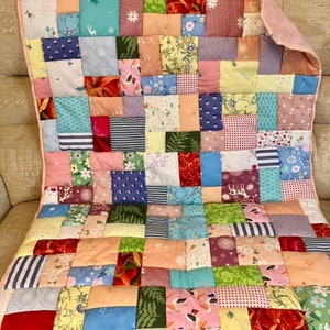 Handmade patchwork quilt, quilted lap blanket, quilt, random patchwork in a pretty quilted lap quilt, handmade quilt on soft pink fleece image 2