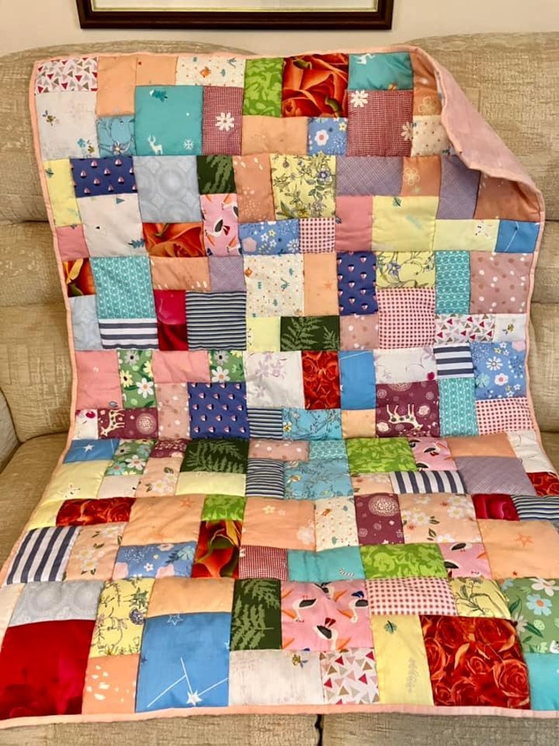 Handmade patchwork quilt, quilted lap blanket, quilt, random patchwork in a pretty quilted lap quilt, handmade quilt on soft pink fleece image 2