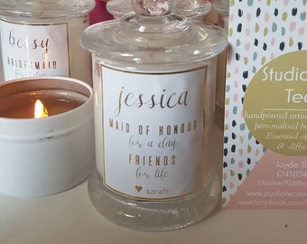 Personalised Wedding Party|Soy Candle|Maid of Honour|Bridesmaid|