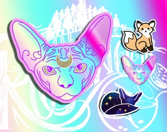 Cute cat fox sticker pack in gift bag stickers occult rainbow cats foxes kawaii handmade and Illustrated