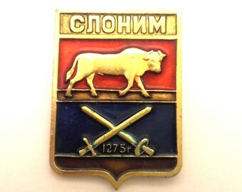 Vintage Badge Town Coat Of Arms Slonim USSR Collectibles Souvenir Brass Enamel Good Condition #081