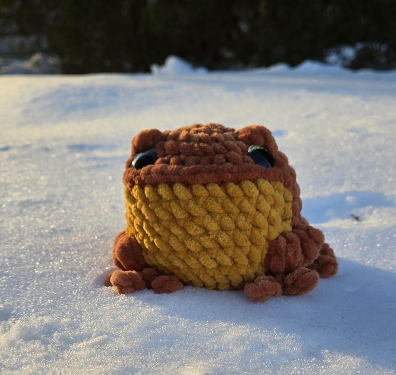 May include: A handmade crochet frog toy in shades of brown and yellow, with large black eyes. The frog is sitting in the snow, showcasing its textured, plush design. The toy is a whimsical, handcrafted item.
