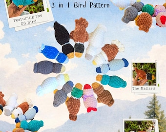 Avee, mallard, eagle, baby safe palm size Birds.  3 in 1 crochet pattern.