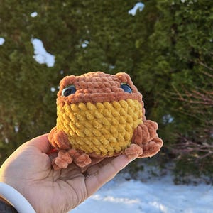 May include: A handmade crochet frog in shades of brown and yellow, with large blue eyes. The plush toy is held in a hand, with a blurred background of green foliage and sunlight.