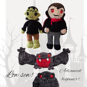 Puede incluir: Cuatro figuras de ganchillo que incluyen un monstruo verde, un vampiro con capa forrada de rojo y dos murciélagos gris oscuro con ojos rojos. Texto: Pattern release! Sir Regginald, Frank and Dracula, Low sew!, Advanced beginner!