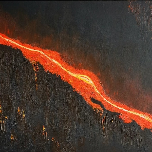 Lava Flow Texture Original Painting Acrylic 3D Picture Red Black Wall Art