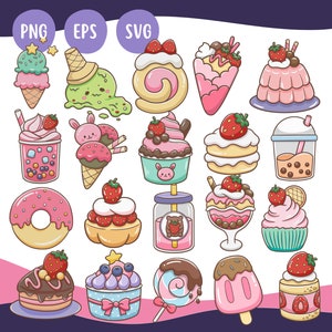 Kawaii Dessert - Süßes Kawaii Printable Süße Cartoon Dessert Clipart Illustration Süßigkeiten PNG