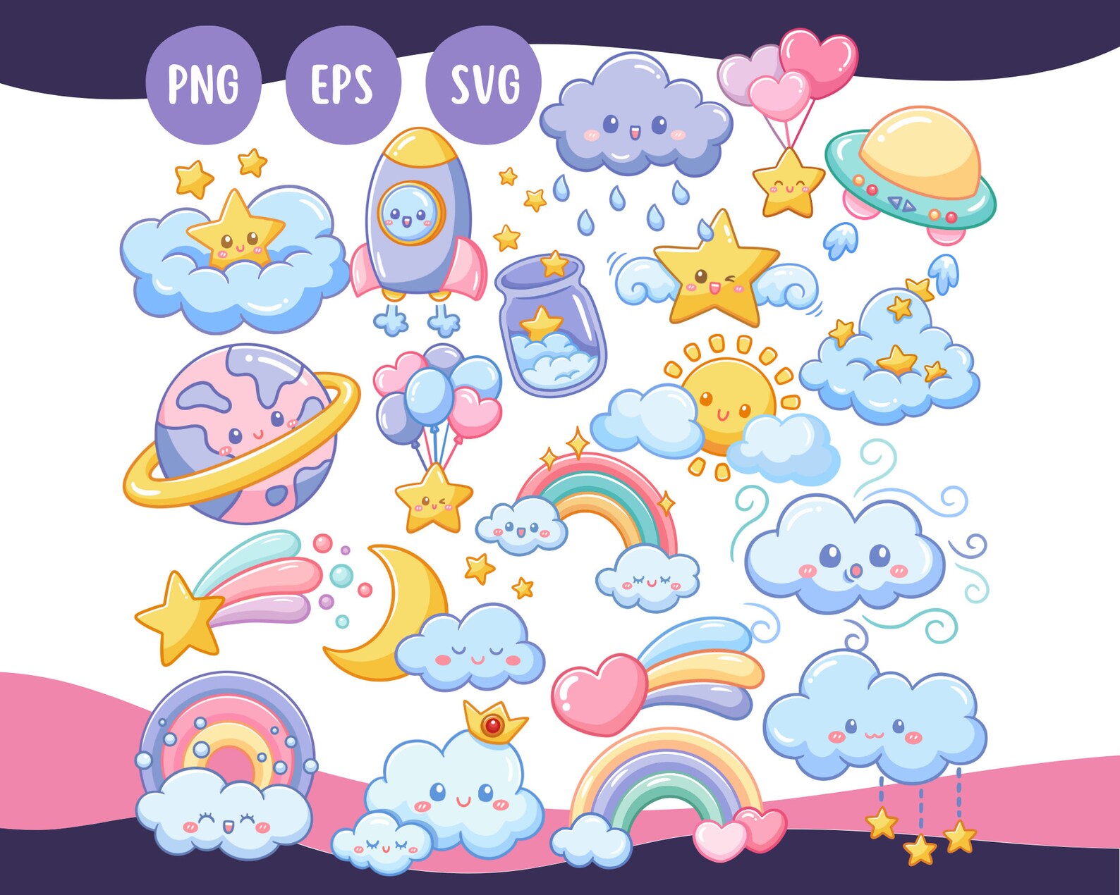 Kawaii Clouds Stars and Rainbows - Cute Kawaii Printable Cute Cartoon ...