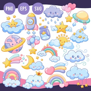 Kawaii wolken sterren en regenbogen - schattige Kawaii afdrukbare schattige cartoon wolken clipart illustratie sterren regenbogen PNG