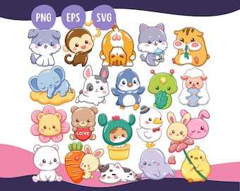 Kawaii Animals - Cute Kawaii Printable Cute Cartoon Animals Clipart Illustration Animals PNG