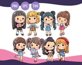 Cute Girl Set 04 - Cute Kawaii Printable Cute Cartoon Kids Clipart Illustration Girls PNG