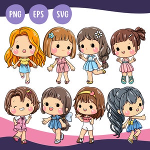 Süßes Mädchen Set 02 - Süße Kawaii Druckbare süße Cartoon Kinder Clipart Illustration Mädchen PNG
