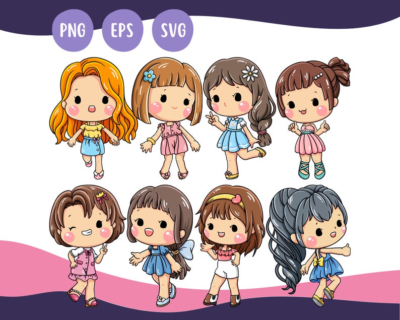 Cute Girl Set 02 - Cute Kawaii Printable Cute Cartoon Kids Clipart ...