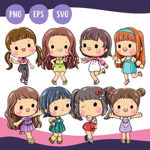 Cute Girl Set 01 - Cute Kawaii Printable Cute Cartoon Kids Clipart Illustration Girls PNG