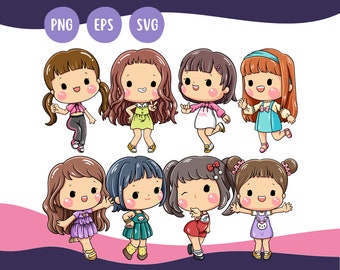 Cute Girl Set 01 - Cute Kawaii Printable Cute Cartoon Kids Clipart Illustration Girls PNG