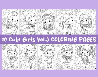 May include: Ten black and white coloring pages featuring cute cartoon girls in various poses, surrounded by floral and natural elements. The text "10 Cute Girls Vol.3 COLORING PAGES" is displayed across the bottom of the image.