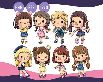 Cute Girl Set 05 - Cute Kawaii Printable Cute Cartoon Kids Clipart Illustration Girls PNG