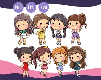 Cute Girl Set 03 - Cute Kawaii Printable Cute Cartoon Kids Clipart Illustration Girls PNG
