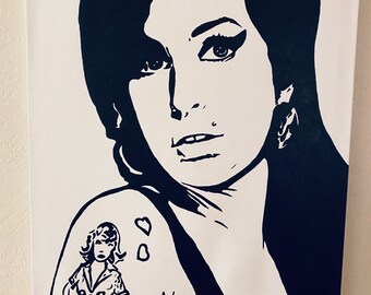 May include: Black and white portrait painting of a woman with a tattoo of a woman on her arm. The tattoo is in a black and white style and features a woman with a heart on her shoulder. The painting is signed "nathia" in the bottom right corner.