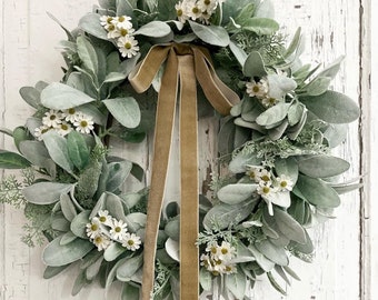 Year round lambs ear wreath with daisies for front door, farmhouse decor, wildflower wreath, Wreath with ribbon, cottagecore decor, mom gift