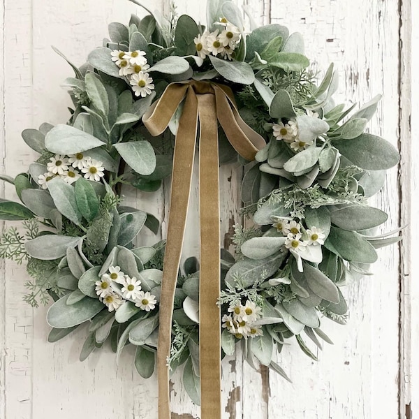 Year round lambs ear wreath with daisies for front door, farmhouse decor, wildflower wreath, Wreath with ribbon, cottagecore decor, mom gift