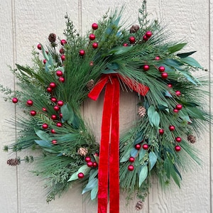 Evergreen Christmas Wreath: Faux Pine, Red Berries & Velvet Bow