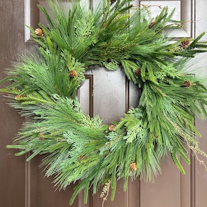 Faux Evergreen Christmas Wreath: Neutral Winter Door Decor