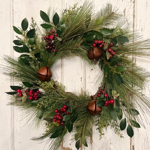 Rustic Christmas Wreath with Bells: Faux Evergreen & Red Berry Decor
