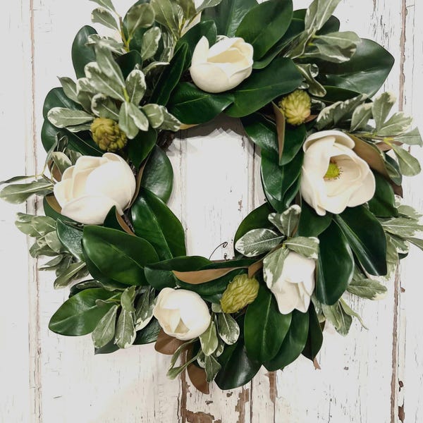 Magnolia Wreath for Front Door: Faux Greenery & Flowers