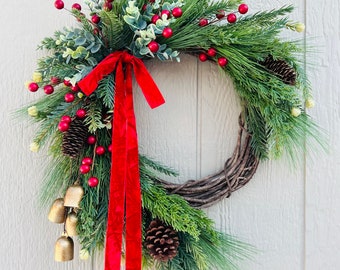 Evergreen Crescent Christmas wreath for front door, Christmas wreath with bells, Christmas decor, Holiday wreath, Boho Christmas wreath
