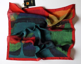 Small Silk Scarf / Green and Red Bandana / Designer Head Scarf / Funky Scarf / Gift For Her