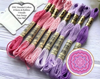 DMC Stranded Cotton // 8 Skeins Pink Purple Shades //DMC Threads // Cross Stitch Floss // Embroidery Threads // Free Pattern // DMC Bundle