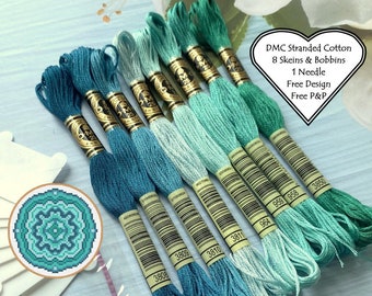 DMC Stranded Cotton // 8 Skeins Sea Green Blue // DMC Threads // Cross Stitch Floss // Embroidery Threads // Free Pattern // Starter Pack