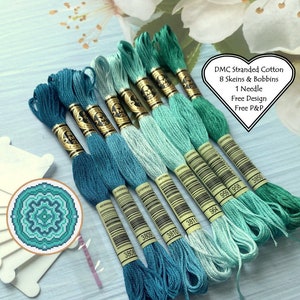 DMC Stranded Cotton // 8 Skeins Sea Green Blue // DMC Threads // Cross Stitch Floss // Embroidery Threads // Free Pattern // Starter Pack