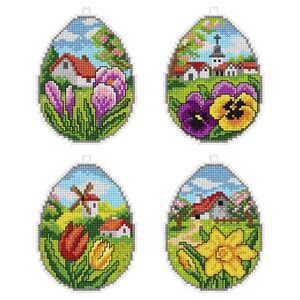May include: Four colourful Easter egg-shaped ornaments with cross-stitch designs. Each ornament features a different spring scene with flowers, houses, and a windmill.