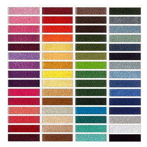 Puede incluir: Una carta de colores con 36 tonos diferentes de hilo. Los colores est&aacute;n dispuestos en tres columnas, con 12 colores en cada columna. Los colores incluyen rosa, rojo, naranja, amarillo, verde, azul, morado y marr&oacute;n.